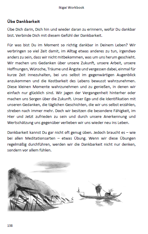 Buchseite 138 mit der Übung „Übe Dankbarkeit“ und Tuschezeichnungen
