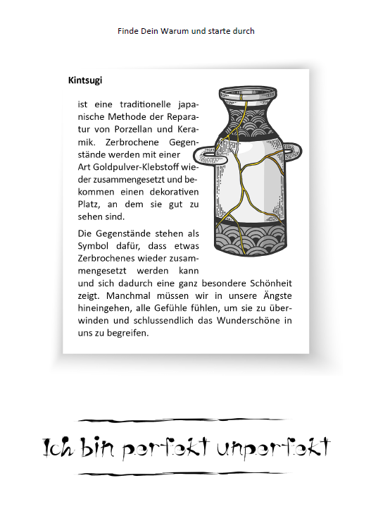 Buchseite über Kintsugi mit der handschriftlichen Zeile „Ich bin perfekt unperfekt“