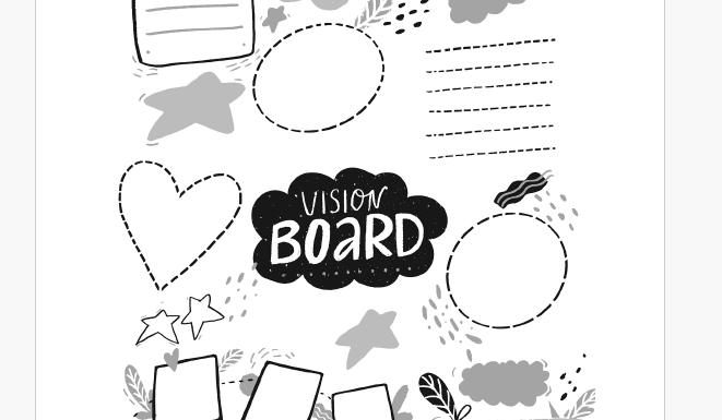 Seite zum Ausfüllen: ein Vision Board mit leeren Feldern